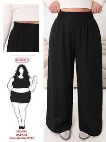 SHEIN CURVE+ Pantalones anchos de pierna ancha con cordón en la cintura, unicolor, talla grande para mujer - Negro - Ver 1