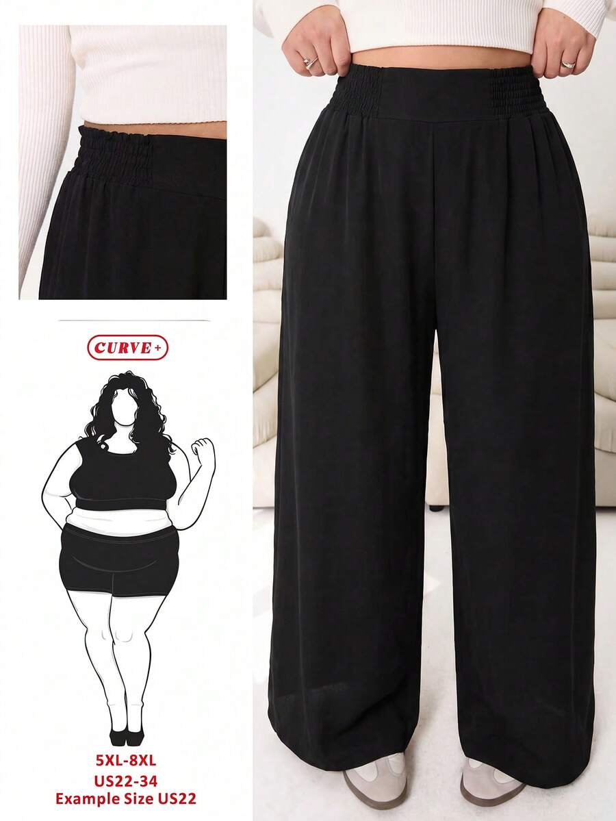 SHEIN CURVE+ Pantalones anchos de pierna ancha con cordón en la cintura, unicolor, talla grande para mujer - Negro - Ver 1