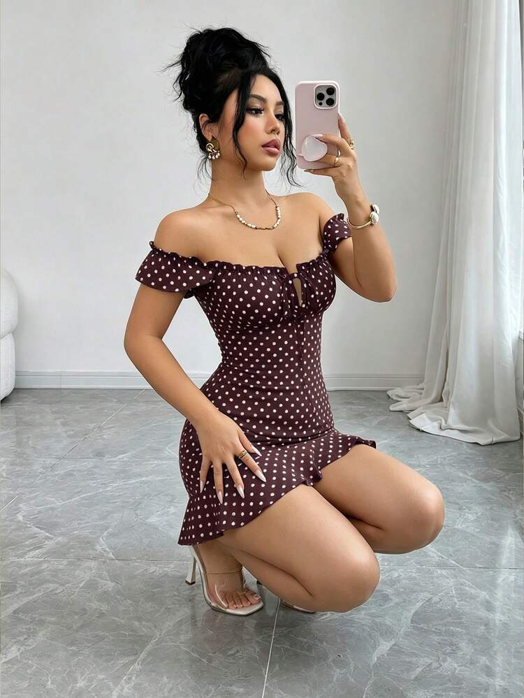 Nuevo 2026  Vestido ajustado de línea A con volantes y estampado de teñido anudado vintage, vestido elegante y sexy con volantes en la cintura al estilo francés, adecuado para citas, vacacio - Marrón - Añade 5