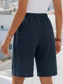 Faunlyn Linen Bermuda Shorts, Knee-Length, Solid Color, Loose Fit, High Waist, Side Pockets, Basic But Fashionable - Navy Blue - View 2