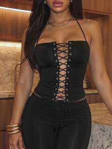 Slaydiva Bộ corset đen không dây, thắt dây và quần lửng - Bộ đồ 2 mảnh gợi cảm ôm sát cơ thể dành cho nữ - A - màu đen - Xem 8