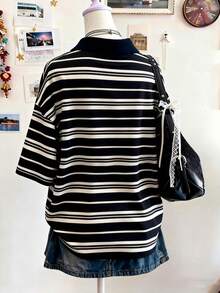 Lalippa Striped Digital Print Fashionable Minimalist Women's Polo Collar Short Sleeve T-Shirt, Gift For Friends - White - View 2
