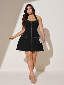Viva Relle Plus Size Rhinestone Decor Backless Halter Tie Waist Sexy Elegant Dress - Black - View 3
