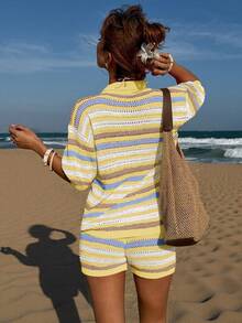 Breezaya Setelan Baju Musim Panas Wanita Model Basic Fashion untuk Liburan, Berkerah Garis-garis, Berongga, dan Warna Kontras. - MultiWarna - View 2