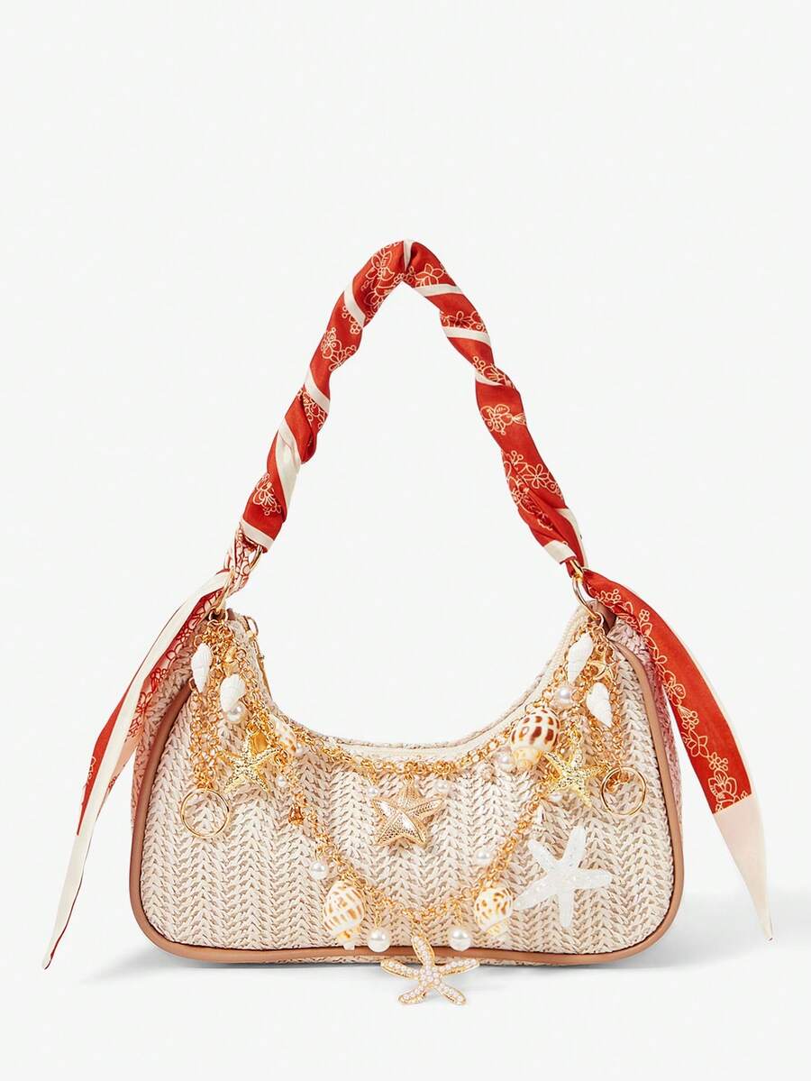Viva Strut 1 buah Tas Bahu Anyaman Motif Bintang Laut Pantai Musim Panas, Tas Pantai, Tas Tangan Jerami untuk Wanita (Warna & Gaya Acak), Musim Panas - Warna-warni E - View 1