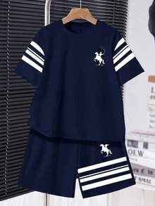 SHEIN 青少年男童休闲舒适简约圆领短袖T恤和短裤套装 - 彩色 - 查看 2