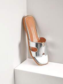SHUZIA Giày sandal đế bệt hở mũi trơn màu thời trang và đa năng dành cho nữ - Bạc - Xem 10