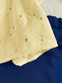 PrepCrw 1 pieza Blusa elegante con cuello cuadrado y mangas de pétalos bordada para niñas jóvenes, adecuada para salidas, reuniones, festivales, primavera, verano, bodas - Amarillo - Ver 6