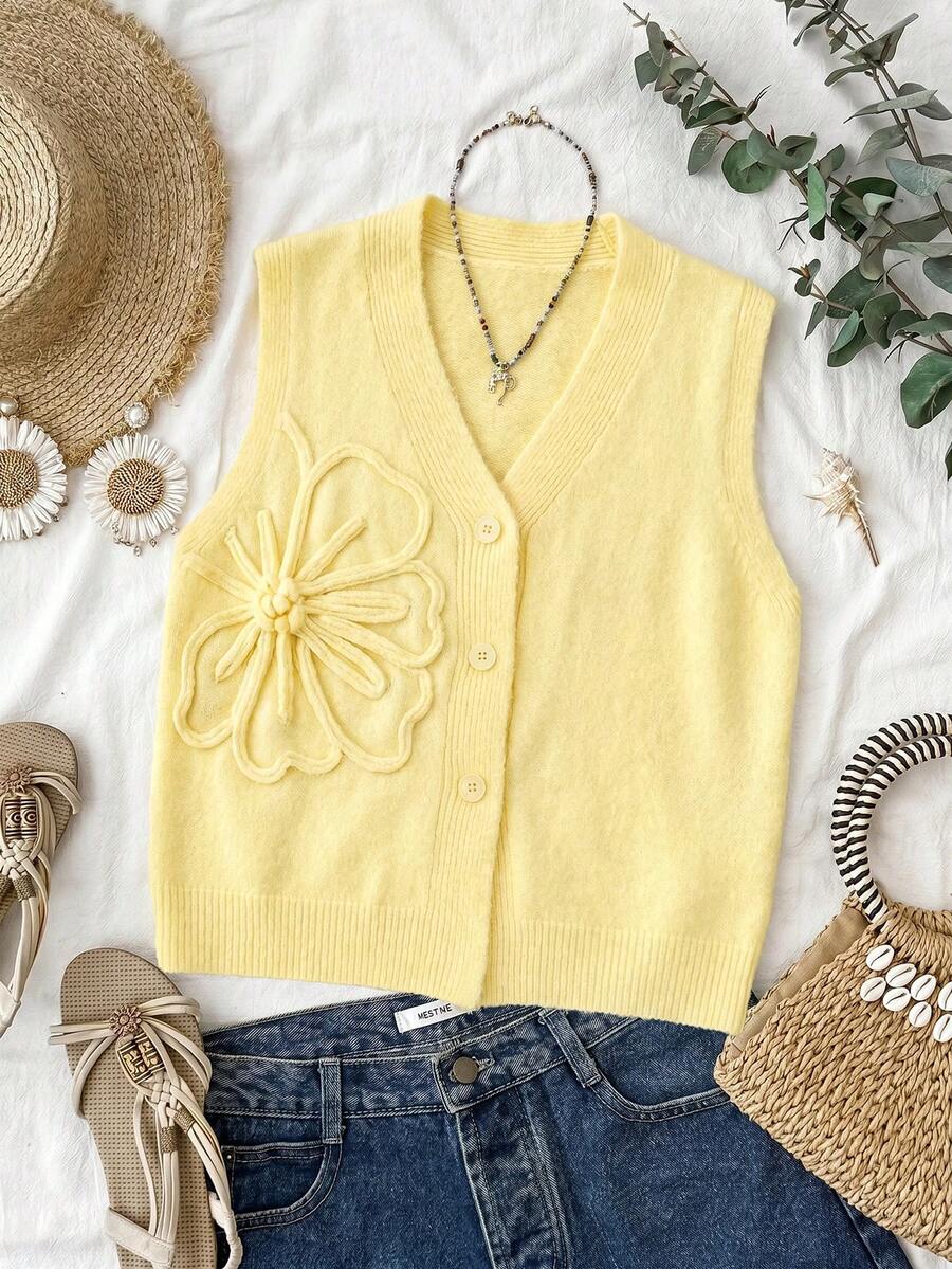 Travachic Women's Versatile 3D Embroidered Button Knit Vest Summer Top  Holiday Outfits Office Outfits For Women - Yellow - View 1