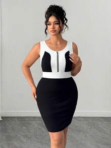 SHEIN Clasi Plus Size Colorblock Round Neck Sleeveless Fitted Zipper Fashion Dress - Black and White - View 4