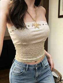 Cévolie 女士休闲撞色蕾丝修身抹胸上衣 - 白色 - 查看 5
