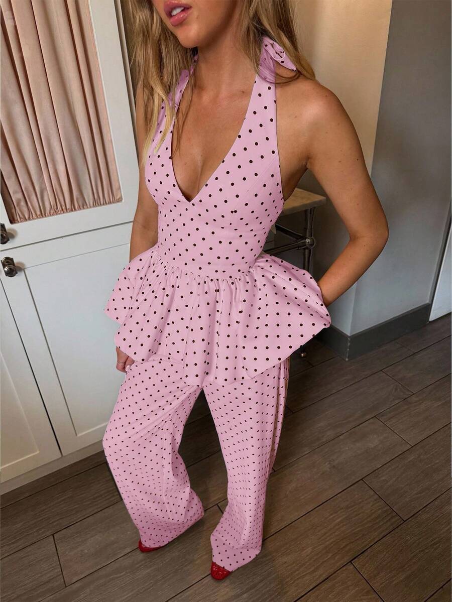 Siren Gaze New Polka Dot Halter Neck Top For Women,Summer Top - Pink - View 1