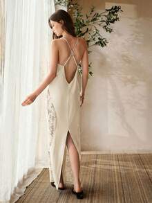 MOTF PREMIUM LACE PATCHWORK LONG CAMISOLE SLEEP DRESS, SPRING/SUMMER - White - View 2