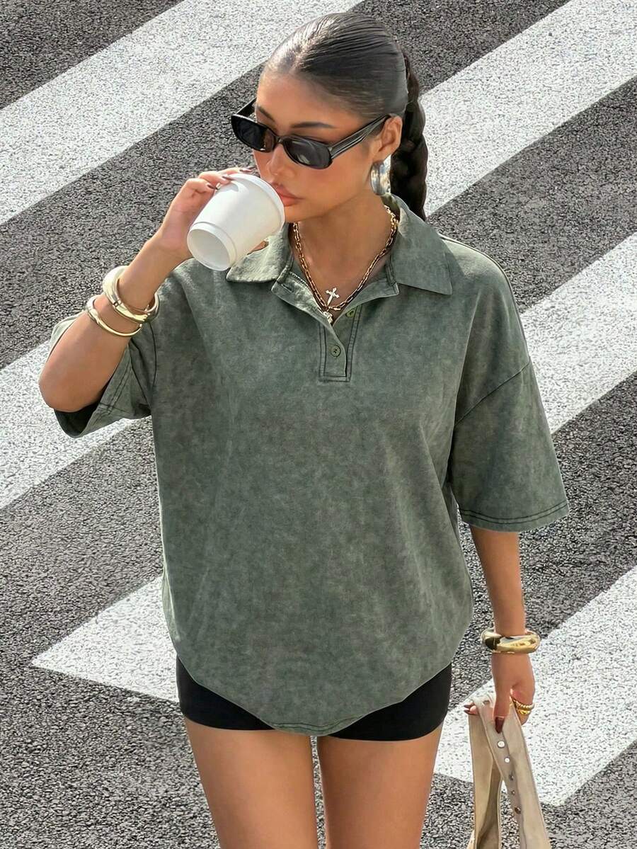 Muchica 女士复古水洗雪花图案 Polo 领宽松短袖 T 恤,适合外出和街头穿着 - 軍綠色 - 查看 1