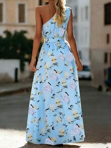 Balvessa Women's Fashion Asymmetric Neck Ruched A-Line Elegant Printed Pleated Split Dress, Suitable For Spring And Summer - Multicolor - View 2