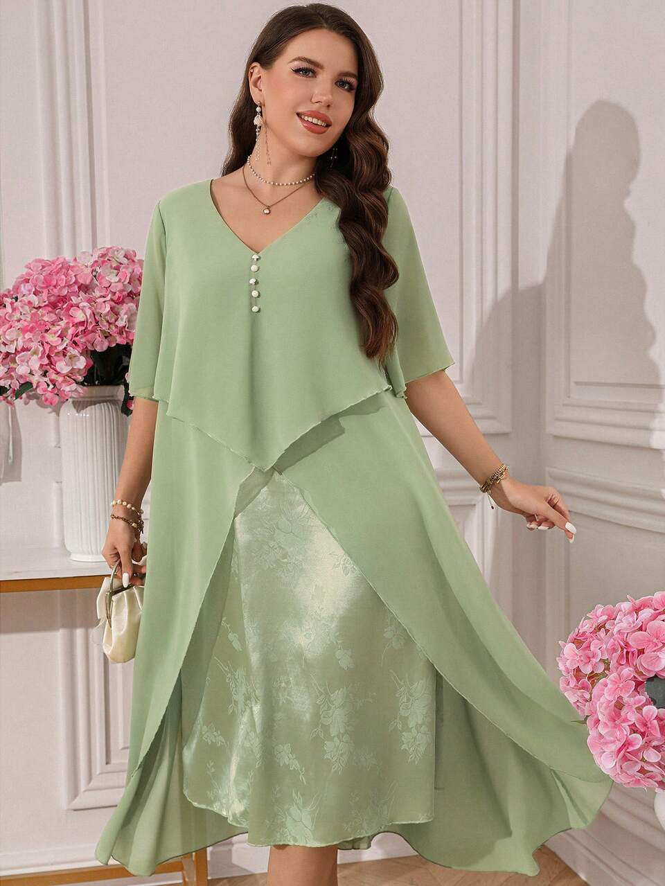 Plus Size Women Summer Casual Vacation Elegant Floral Green Dress, Going Out Formal Evening Wedding Guest Dress, Business, Back To School