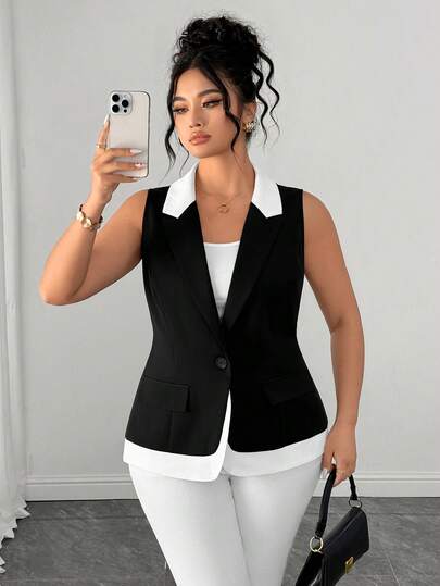 Elenzga Áo blazer nữ cỡ lớn phối màu thanh lịch, thích hợp cho công sở.