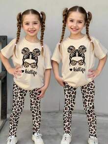 Conjunto de camiseta corta básica y leggings de estilo casual y cómodo para uso diario en primavera, verano y otoño, con diseño de niña con moño, estampado de leopardo, gafas de sol con forma de corazón y eslogan gráfico, adecuado para niñas - Multicolor - Ver 3