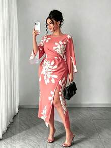 Elenzga 大码女士优雅通勤简约日常约会派对性感宴会开衩袖口修身杏色底黑色印花长裙 - 珊瑚粉 - 查看 4