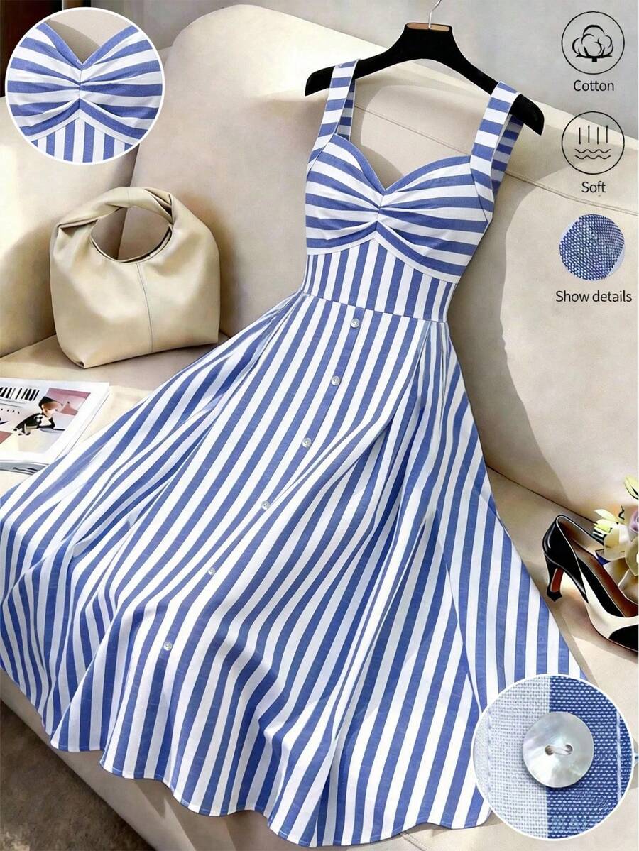 GlowEve Gaun Kasual Wanita Elegan Bergaris Leher V dengan Hiasan Paku Keling, Model A-Line, Panjang Sedang - Navy Blue - View 1
