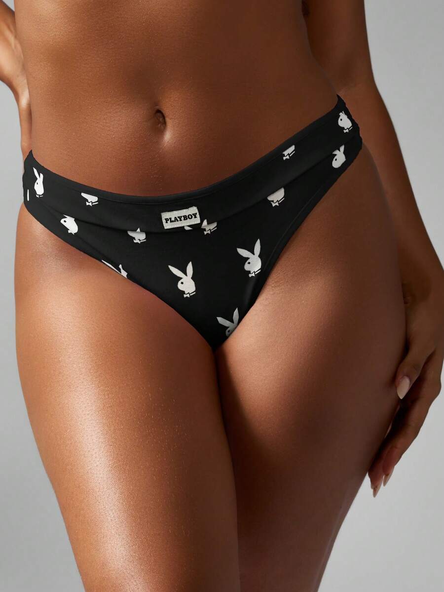 Missguided x Playboy 兔子印花丁字裤女士舒适低腰内裤 - 黑色 - 查看 1