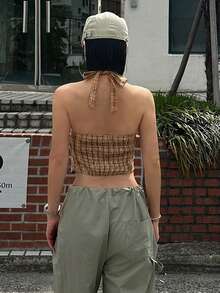 DAZY 格紋修身不對稱領掛脖綁帶休閒度假夏季女款背心 - 卡其色 - 查看 6