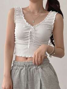DAZY Women Solid Color Frill Trim Front Tie Cropped Camisole Summer Cute Top - White - View 4