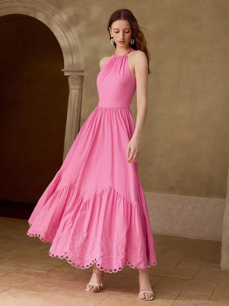 WOMEN'S COTTON HOLLOW EMBROIDERED HALTER DRESS, SPRING/SUMMER