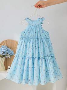 SHEIN 少女花卉图案蝴蝶结装饰无袖荷叶边连衣裙 - 藍色 - 查看 2
