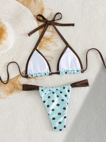 Swim Mod Conjunto de traje de baño de dos piezas con cuello de halter y estampado de lunares de colores contrastantes, para primavera/verano - Multicolor - Ver 4