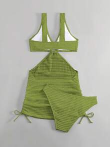 Swim Vcay Women's Solid Color Hollow Out Vacation Style Bikini Set - Green - View 4