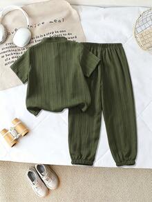 SHEIN Streecool Kids 2pcs/Set Toddler Boys' Casual Korean Style Short Sleeve Shirt And Jogger Pants Set, Suitable For Daily Wear, Spring/Summer - Army Green - View 2