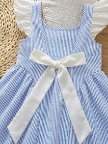 Emery Rose Kids Emery Rose Kids Young Girl Woven Colorblock Striped Square Collar Ruffle Hem Knit Dress - Blue - View 11