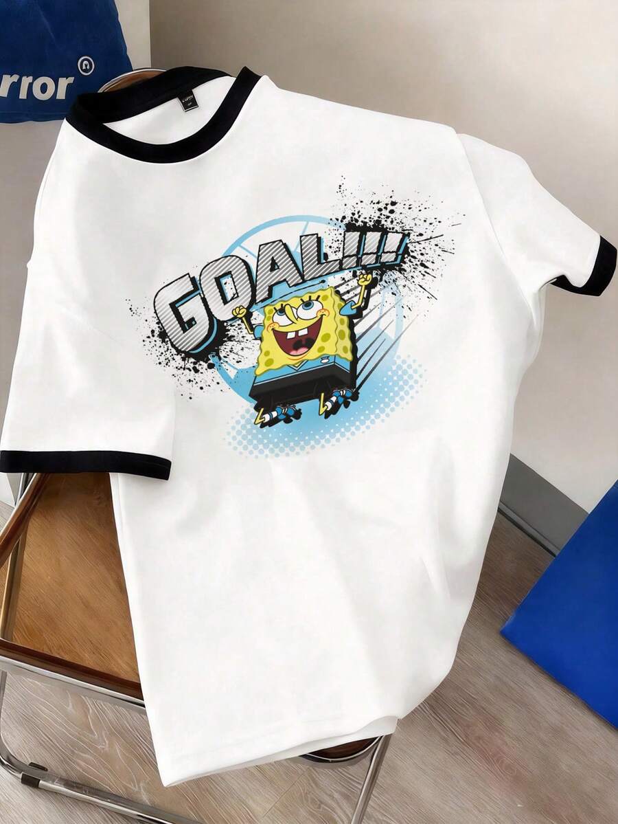 SpongeBob SquarePants | SHEIN Manfinity Joysei 男士撞色拼接卡通印花T恤 - 黑與白 - 查看 1