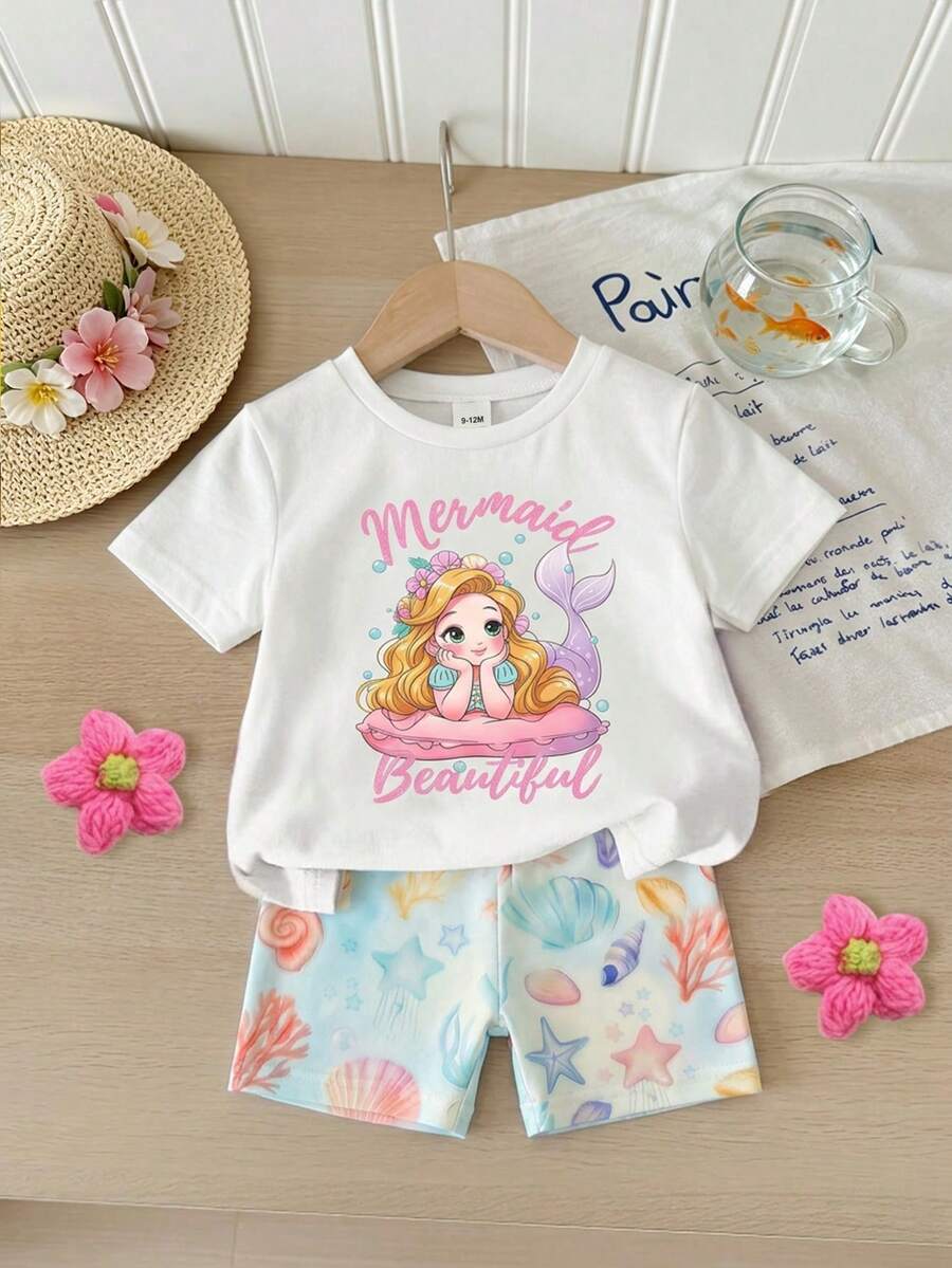 6M-3T Baby Girl 2pcs Set White Short Sleeve Knit Crew Neck T-Shirt With Cute Mermaid Print Seashell Print Shorts Summer Vacation Holiday Casual Outfit - Multicolor - View 1