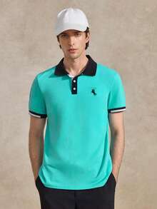 Courvante 男士單排扣休閒短袖 Polo 正裝襯衫，夏季棉質，適合網球與高爾夫，男友款 - 綠色 - 查看 1