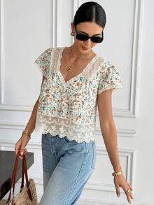 Serisse Women's Summer Vacation Ditsy Floral Contrast Mesh Backless Tie Blouse - Yellow - View 5