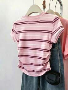 SHEIN Teen Girls Pink Striped Print Ruched Waist Short Sleeve T-Shirt,Casual,Elegant,Streetwear,Back-To-School,Graduation,Personalized Tee For Summer,Spring - Multicolor - View 2