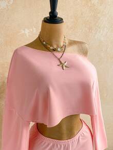 Soleia 2pcs Women Solid Color Asymmetrical Shoulder Long Sleeve Cropped Top And Shorts Set,Summer Outfits For Women - Baby Pink - View 6