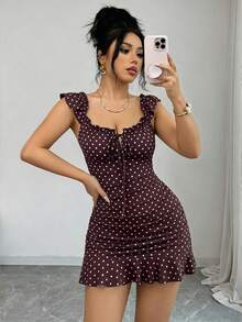Selianne Women's Polka Dot Pleated Dress, Fashionable For Dates And Parties - Brown - View 8
