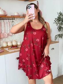 Slumberry CURVE Cute Sweet Cherry Bow Print Loose Fit Plus Size Nightgown Night Burgundy Summer - Burgundy - View 4