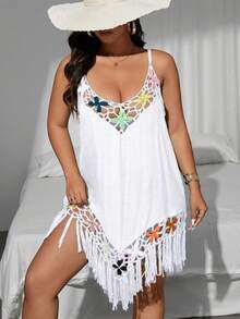SHEIN Swim Curve Große Größen Damen Ein-Teiler Spaghetti-Träger Häkel Blumen Patchwork Quaste Strandkleid - Weiss - Übersicht 6