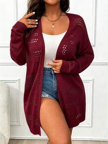 Elenzga Cardigan Panjang Wanita Ukuran Besar untuk Liburan & Perjalanan Santai, Warna Polos, Berongga, Musim Gugur/Dingin - Burgundy - View 5