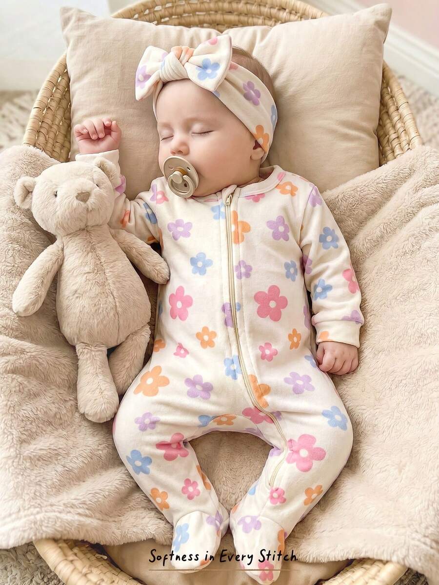 Cozy Pixies Bộ áo liền quần dài tay cổ tròn mềm mại họa tiết hoa cho bé gái sơ sinh (có kèm quần) - Nhiều màu - Xem 1