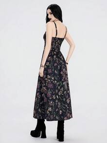 Breakform Halloween  Women's Gothic Dark Romantic Floral Print V-Neck Spaghetti Strap Waist Splice Hollow Lace Hem Split Maxi Dress - Multicolor - View 2