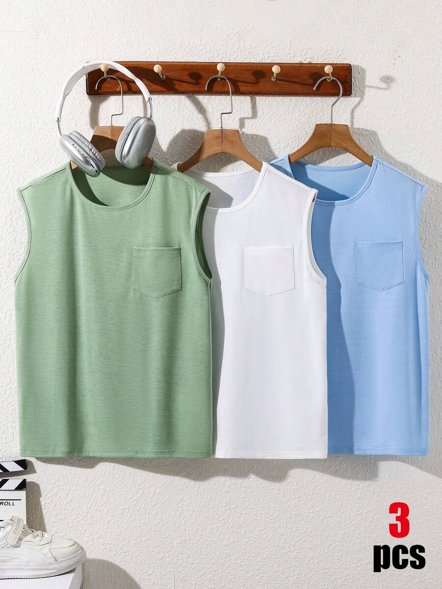 SHEIN 3件組買2送1兒童青少年男童休閒校園風圓領寬鬆版型背心基本T恤多件組,運動服,Y2K套裝,綠色背心,白色背心,藍色背心,SS26,夏季上衣,夏季,夏季,男童兒童套裝,適合春季/夏季,外出,情人節,約會,旅行,度假,家庭聚會,開學,婚禮,晚宴,運動,生日派對 - 彩色 - 查看 1