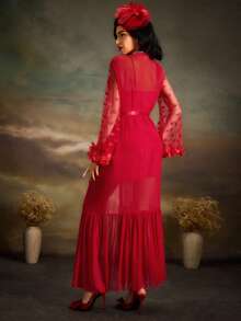 3D Floral Decor Mesh Ruffle Hem Loose Fit Robe PerfectSummer - Red - View 3