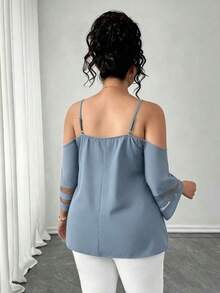 Elenzga Blus Hitam Wanita Ukuran Besar, Bahan Tenun, Model Reguler, Cocok untuk Musim Semi/Panas, Kasual, Modis, Cocok untuk Komuter, dengan Tali Bahu Tipis, Lengan 3/4, dan Panel Jala. - Dusty Blue - View 2