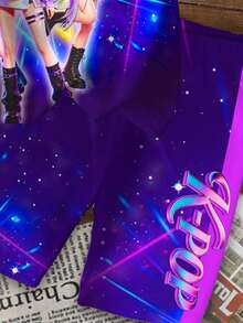 2件套少女休闲彩色渐变K-Pop明星卡通女团印花圆领短袖T恤和短裤套装，适合夏季穿着 - 彩色 - 查看 5