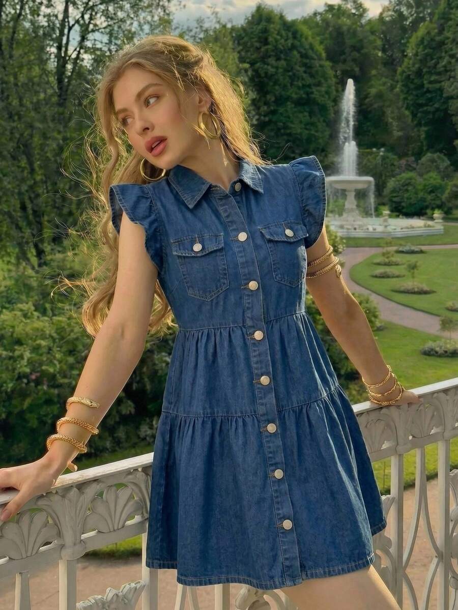 SHEIN 少女海军蓝前扣荷叶边牛仔衬衫裙 - 藍色 - 查看 1